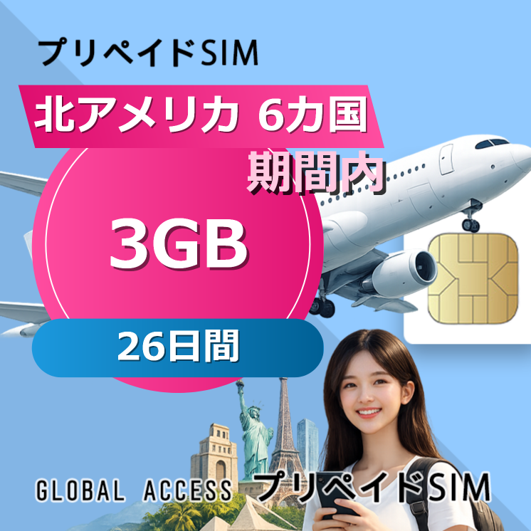北アメリカ 6カ国 SIMカード 3GB 26日間