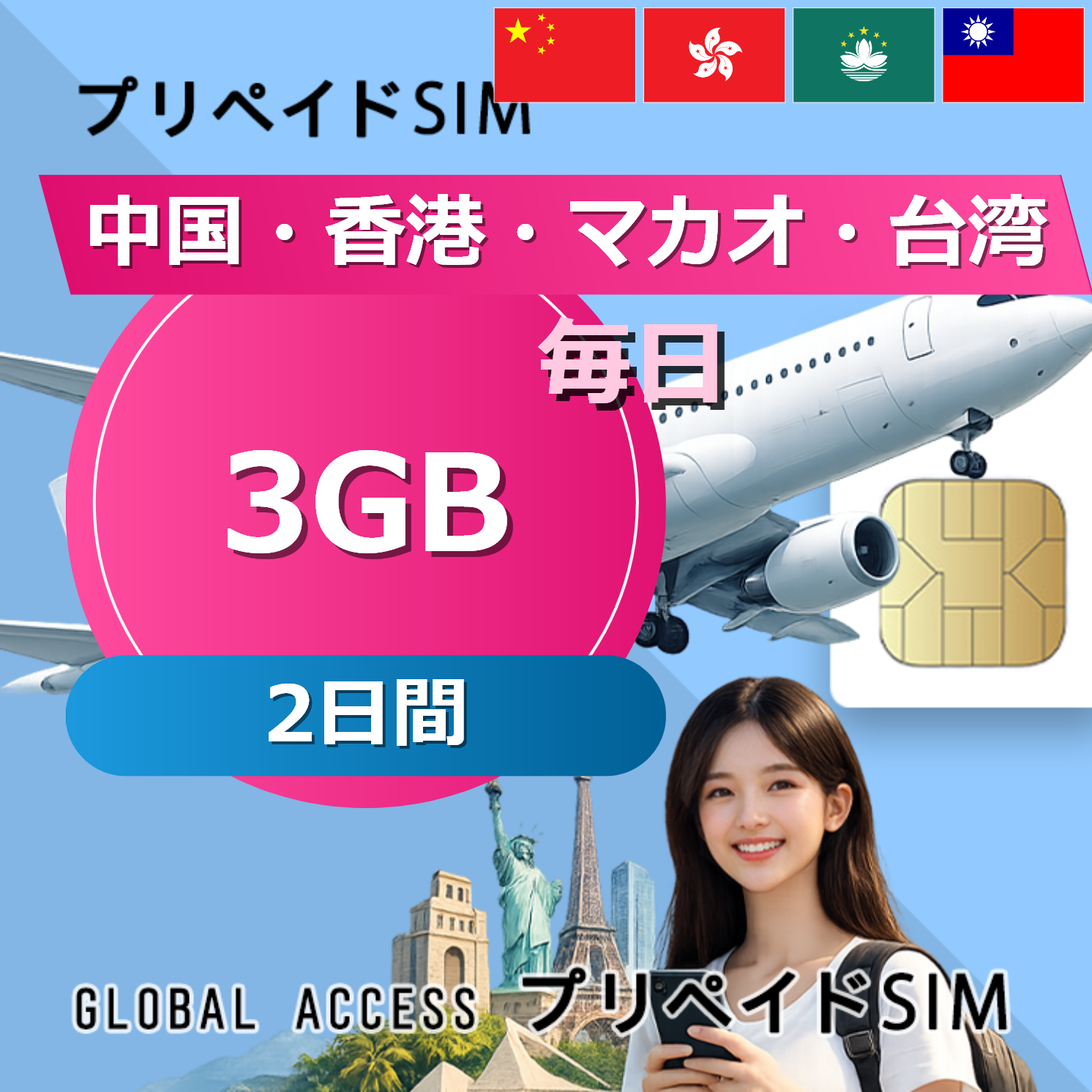 中国・香港・マカオ・台湾 SIMカード 3GB 毎日 2日間