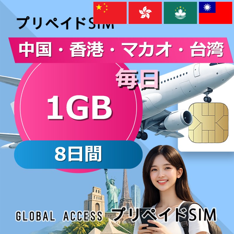 中国・香港・マカオ・台湾 SIMカード 1GB 毎日 8日間