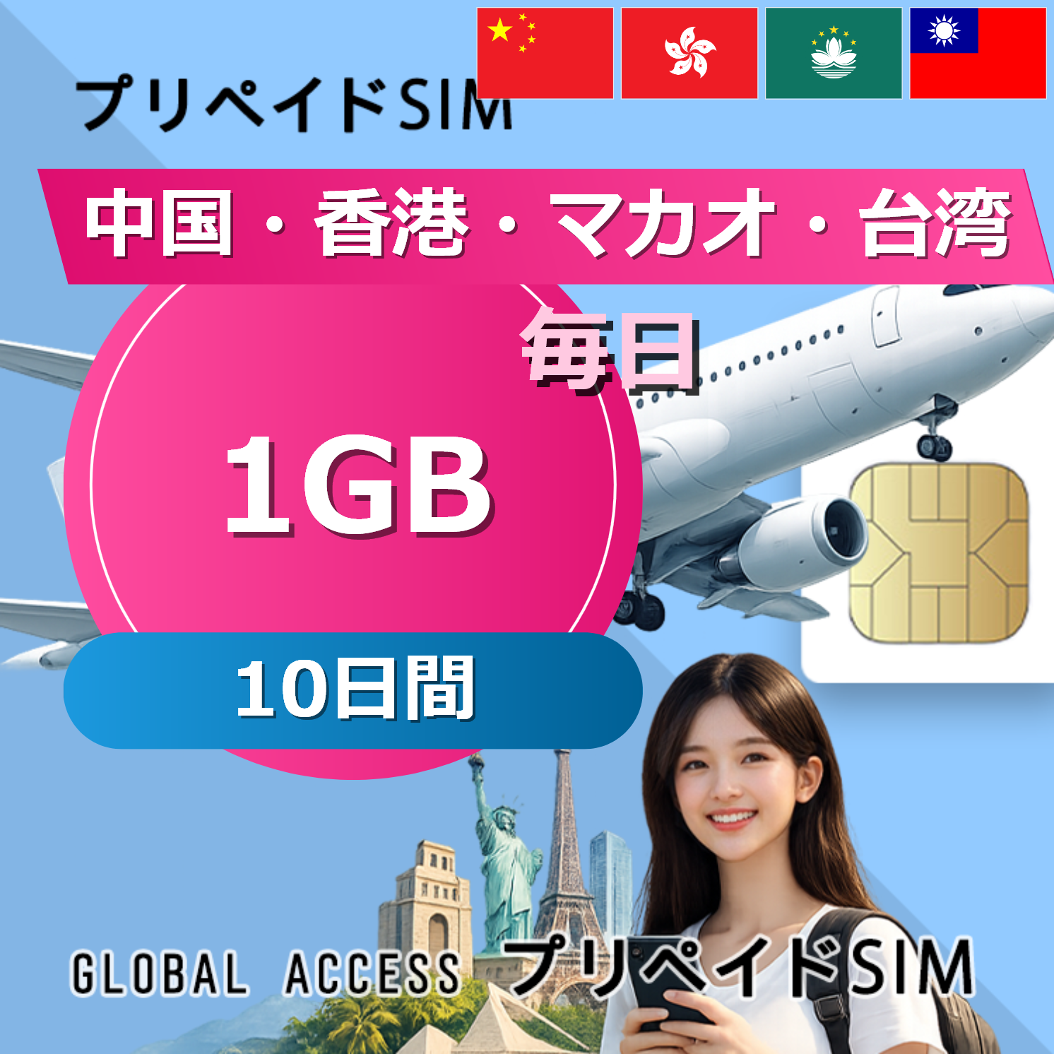 中国・香港・マカオ・台湾 SIMカード 1GB 毎日 10日間