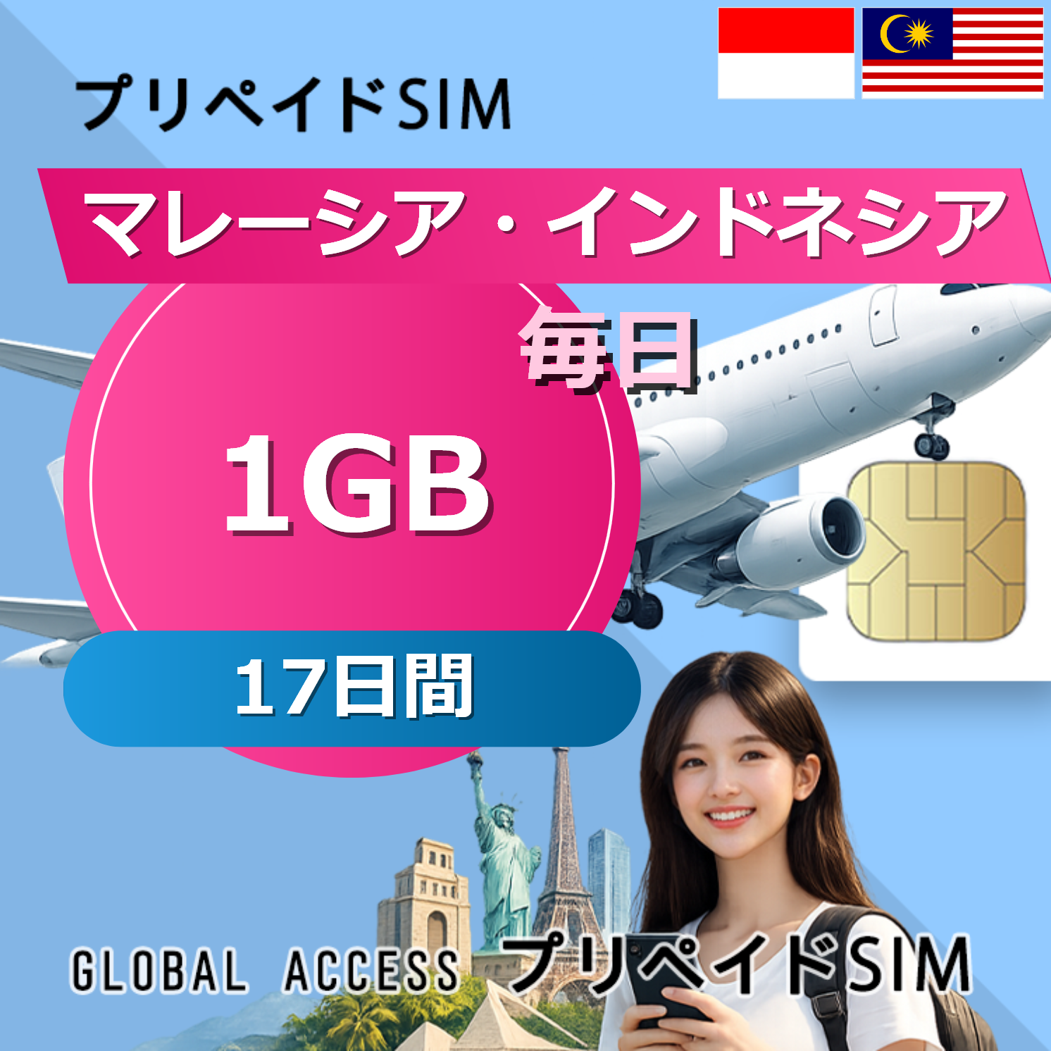 マレーシア・インドネシア SIMカード 1GB 毎日 17日間