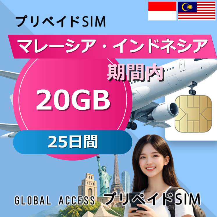 マレーシア・インドネシア SIMカード 20GB 25日間