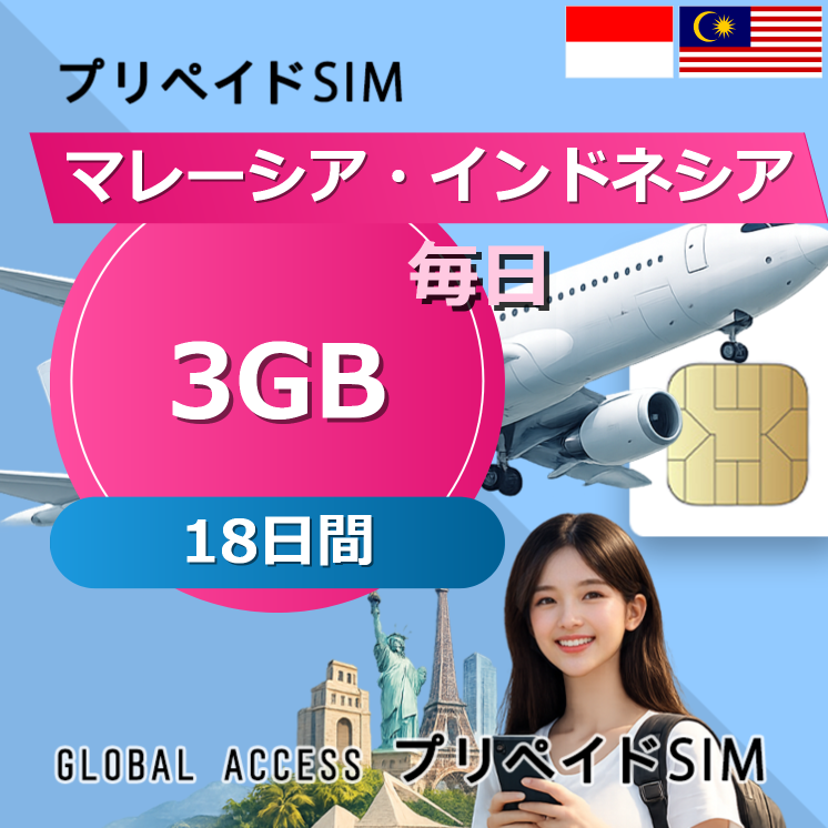 マレーシア・インドネシア SIMカード 3GB 毎日 18日間