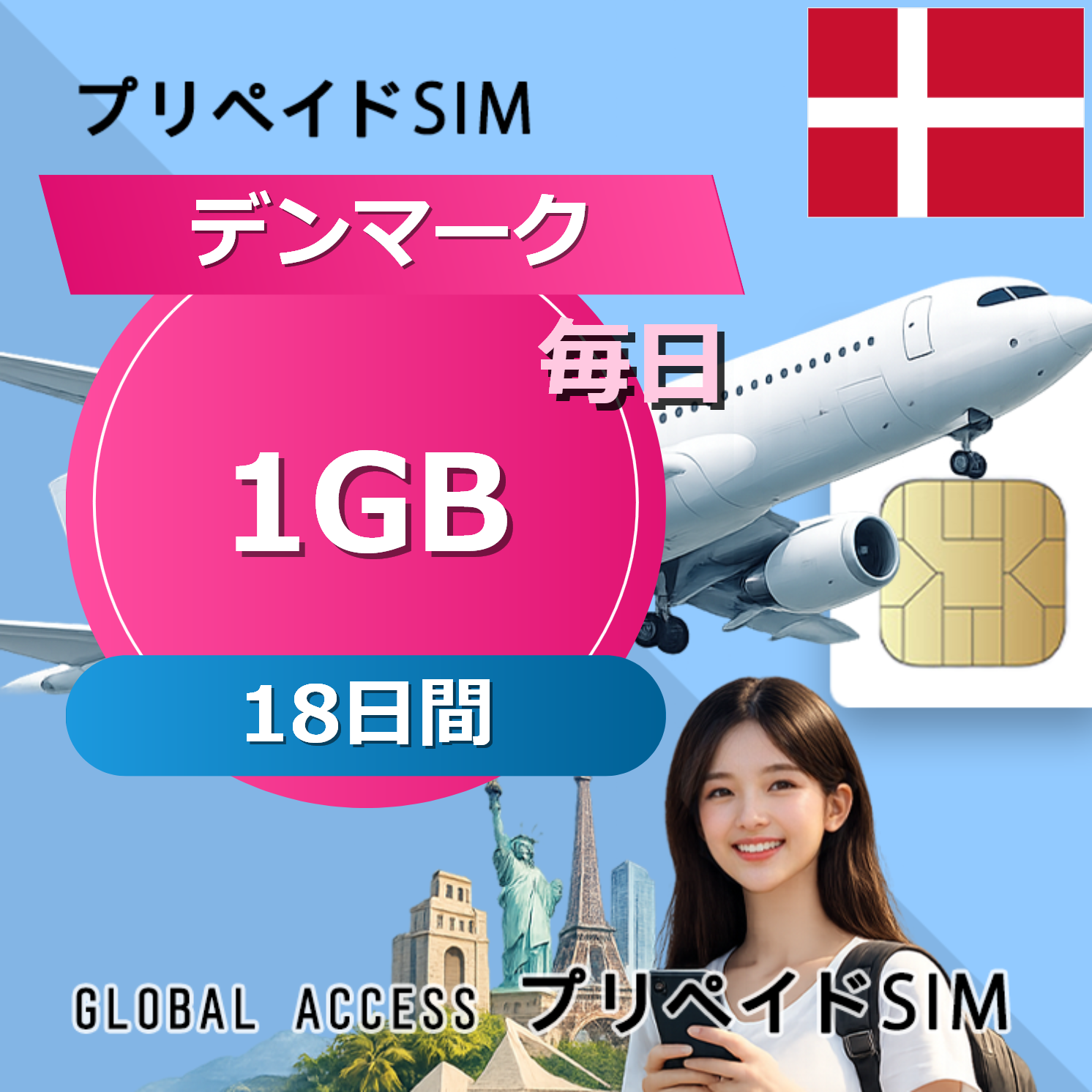 デンマーク 1GB 毎日 18日間