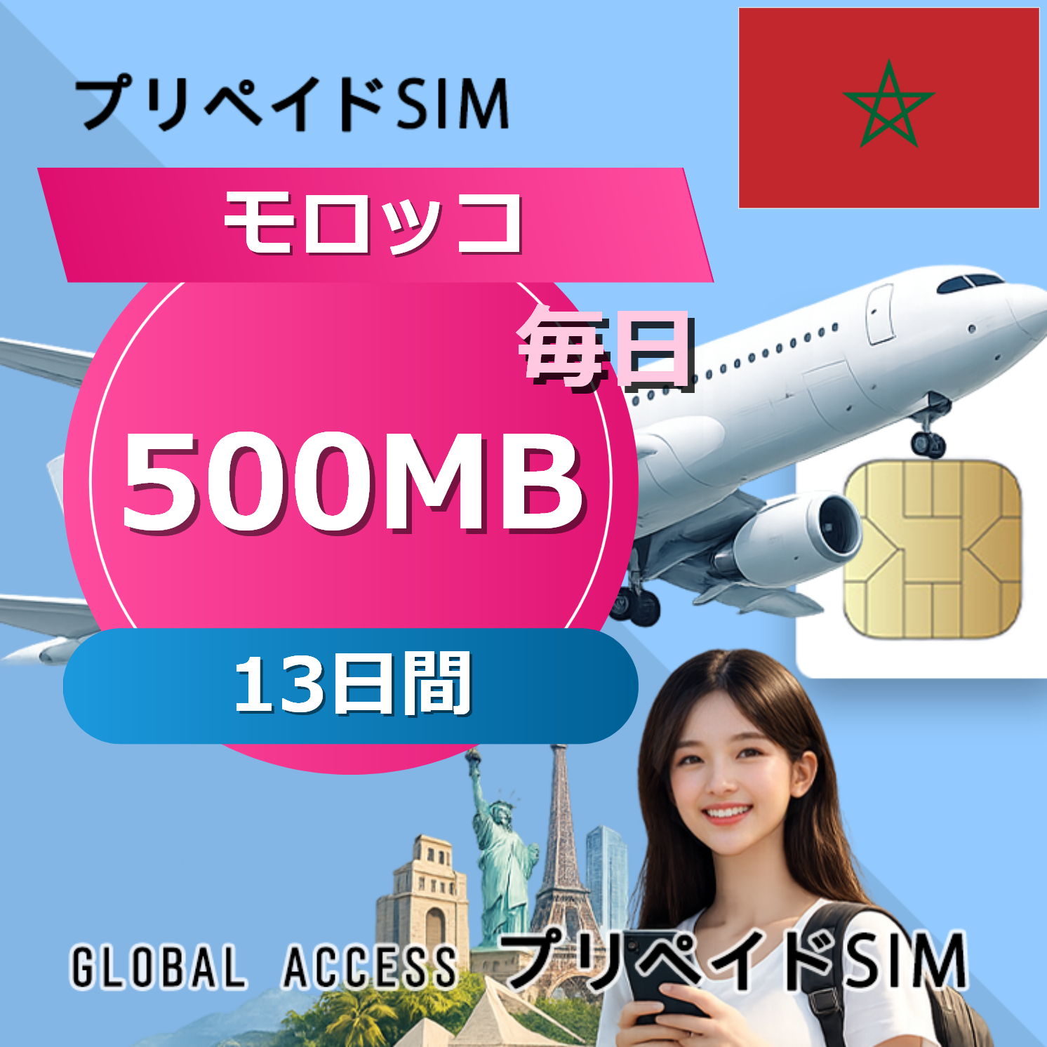 モロッコ SIMカード 500MB 毎日 13日間