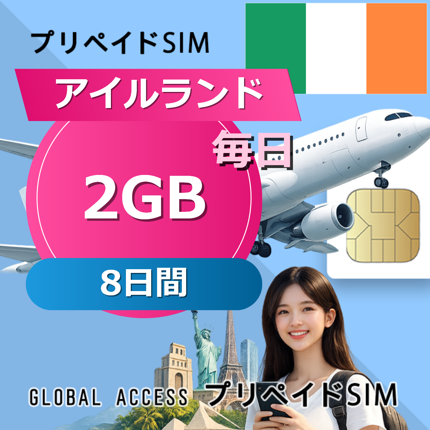 アイルランド SIMカード 2GB 毎日 8日間