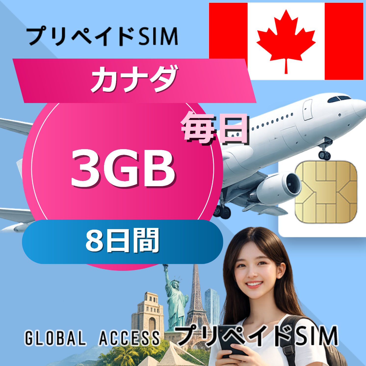 カナダ SIMカード 3GB 毎日 8日間