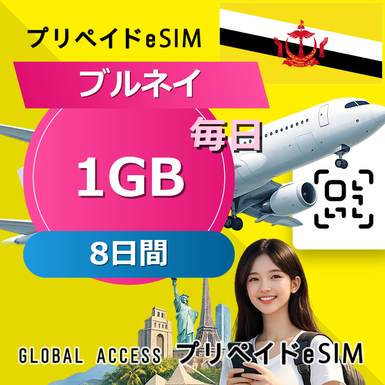 ブルネイ eSIM 1GB 毎日 8日間