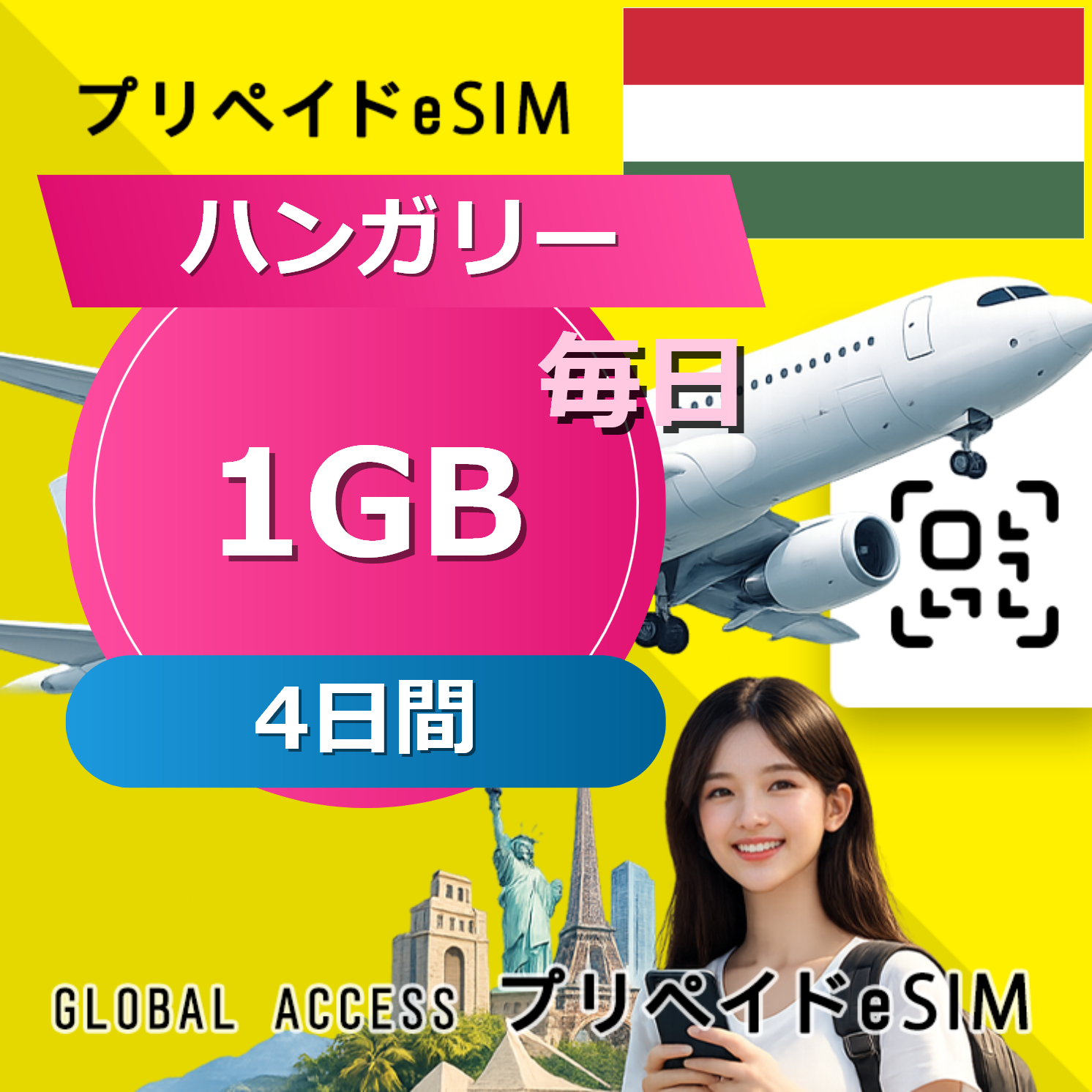 ハンガリー eSIM 1GB 毎日 4日間